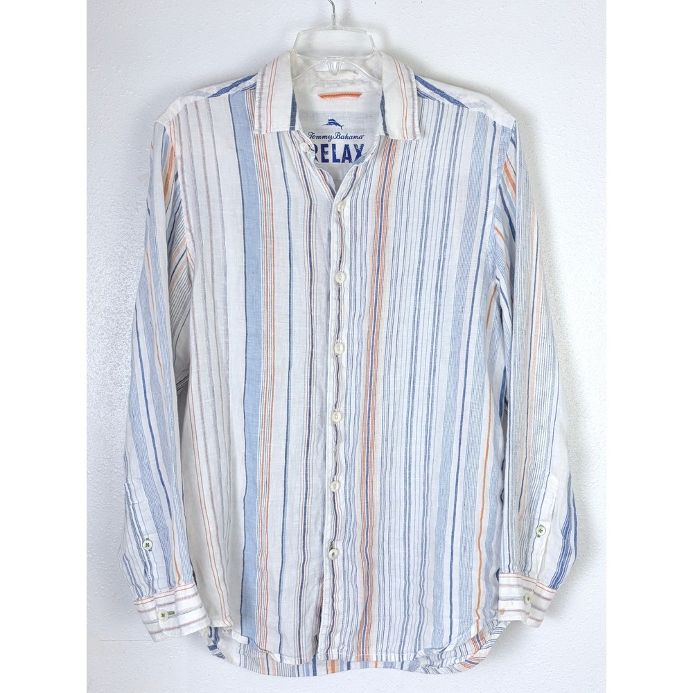 Tommy Bahama Relax Button Down Shirt White Blue Orange Striped Linen Blend L